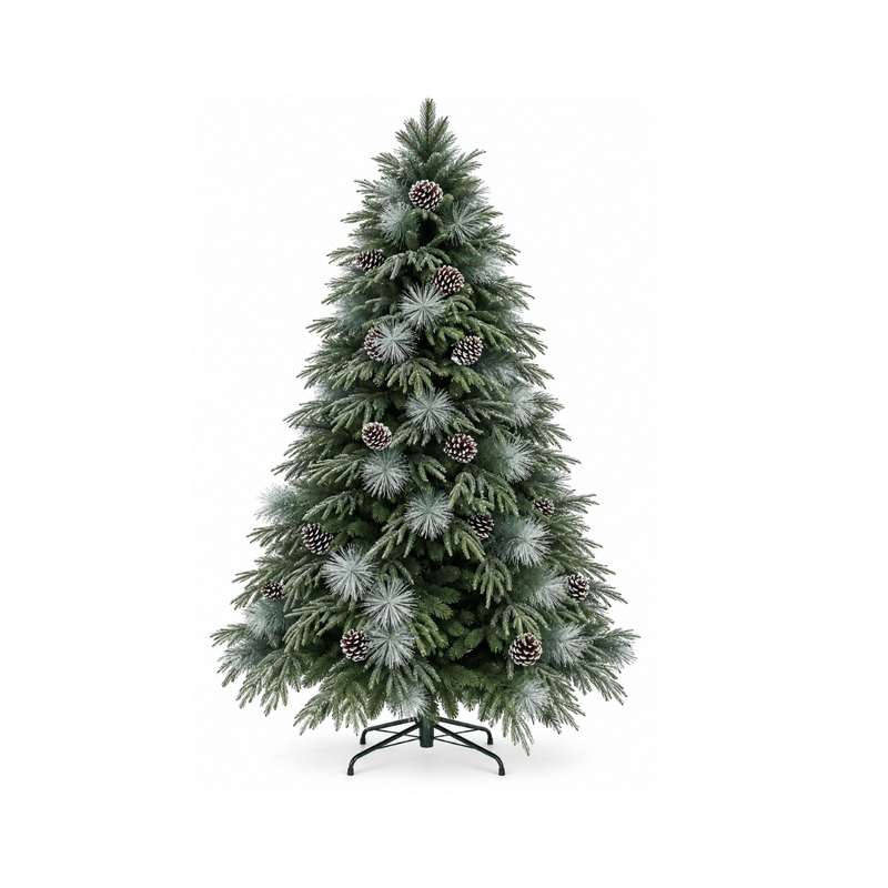 ნაძვის ხე G210 ნახევრად სილიკონი, დათოვლილი ბოლოებით და გირჩებით 210სმ